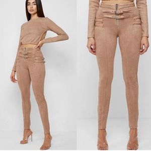 Maniere De Voir Buckle Detail Beige Vegan Suede Leggings size 8 / US 4